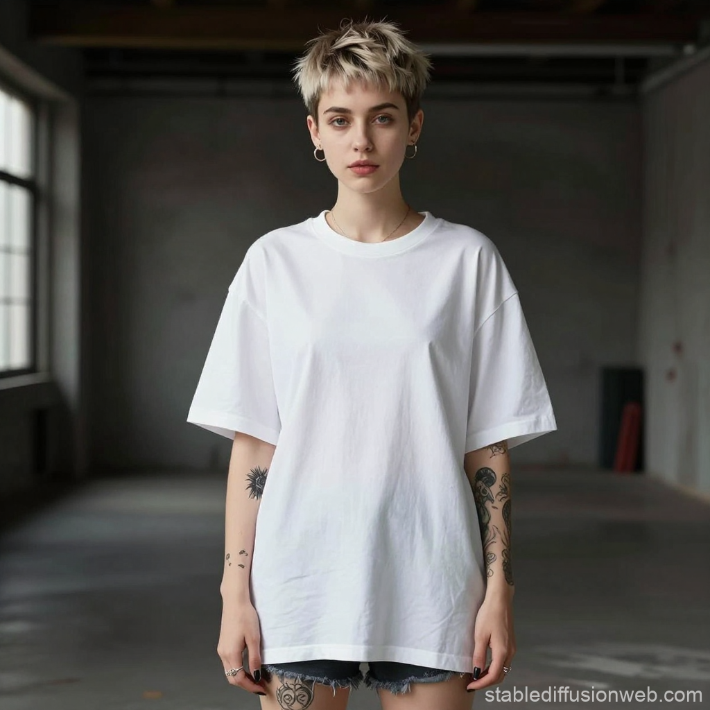 Tomboy Style Woman in White T-Shirt and Tattoos in Dark Loft