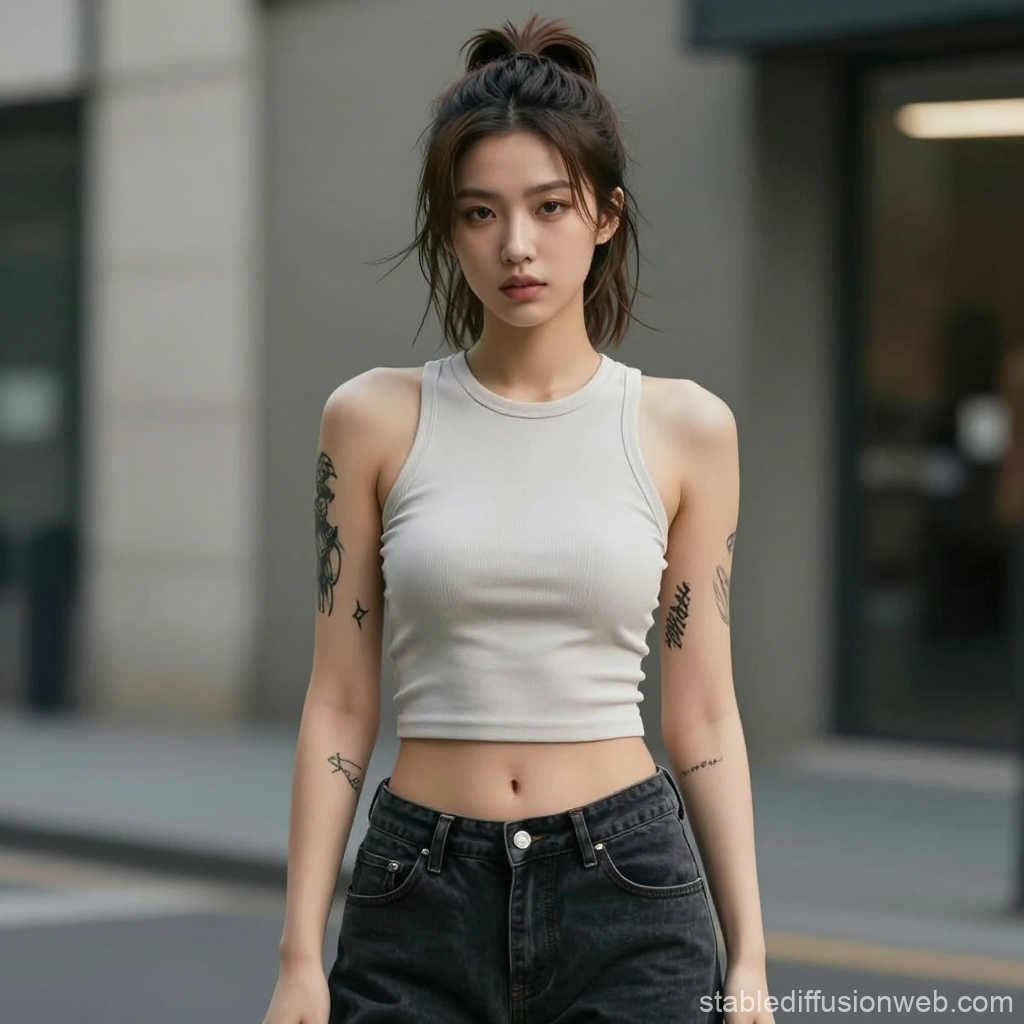 Tomboy Style Young Woman with Tattoos in Urban Setting