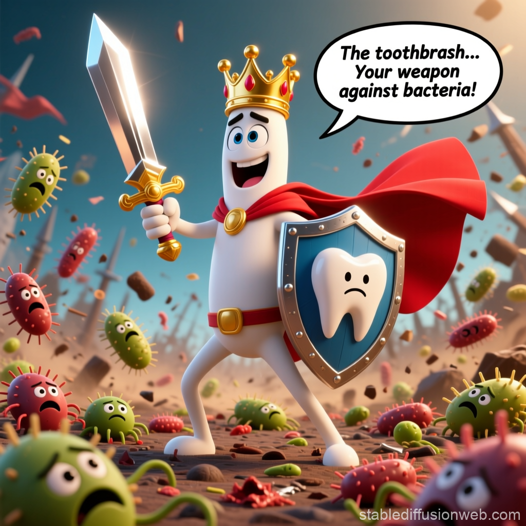 Toothbrush Hero Battling Bacteria with Sword and Shield