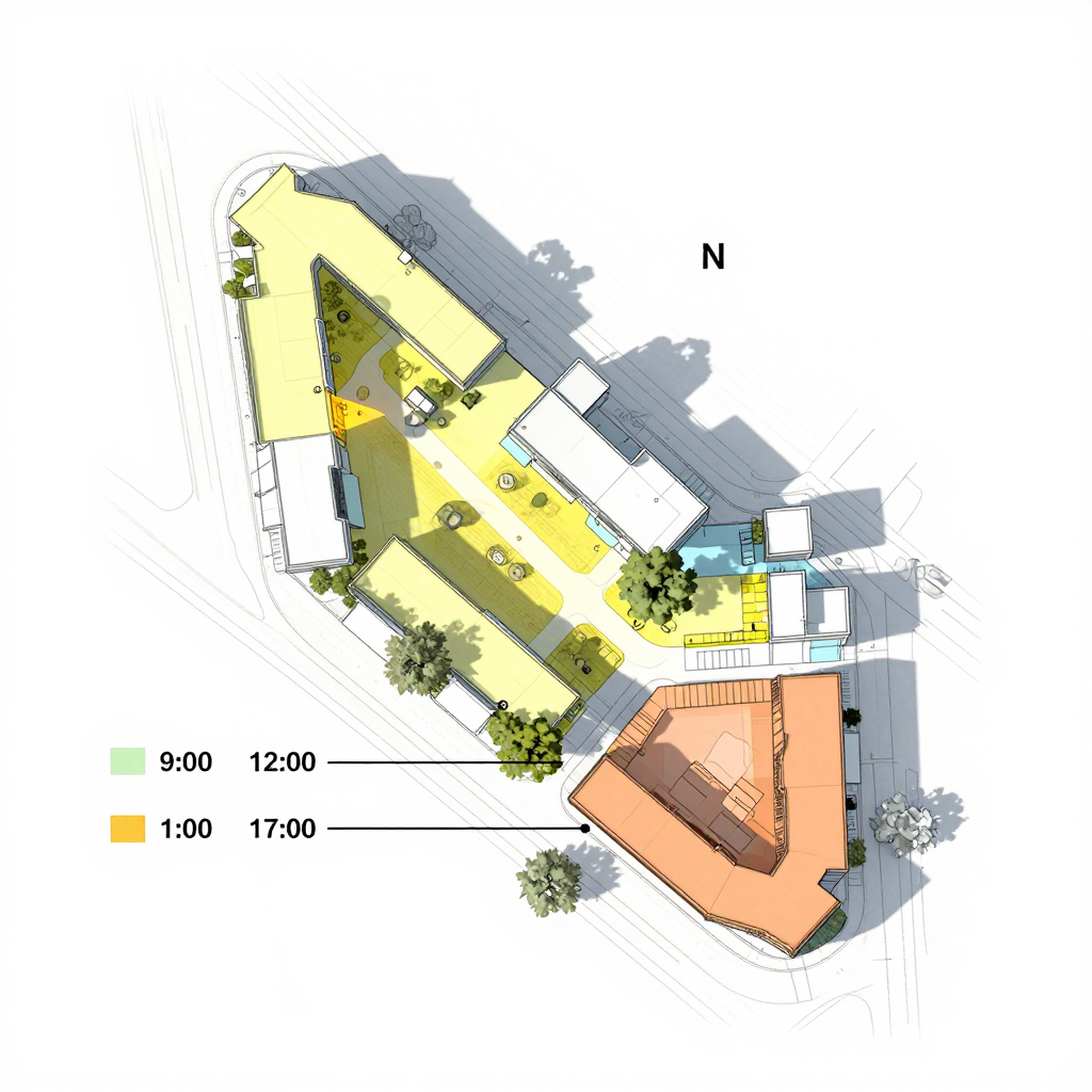 Top-Down Architectural Site Plan with Sunlight Analysis