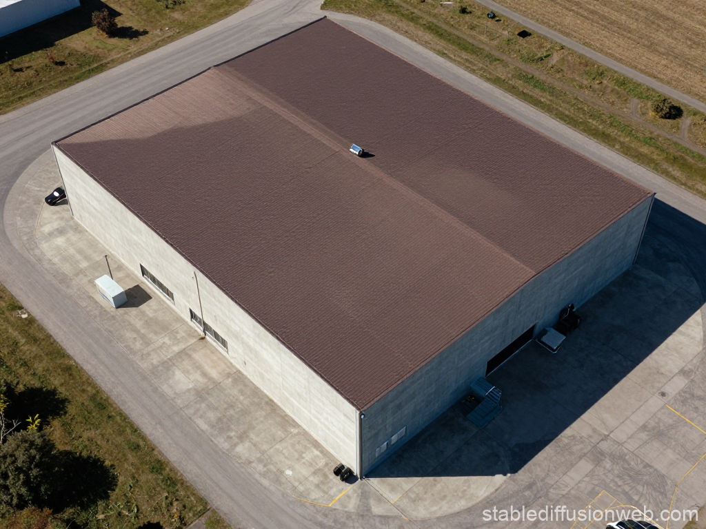 Top-Down Drone View of Industrial Warehouse Building