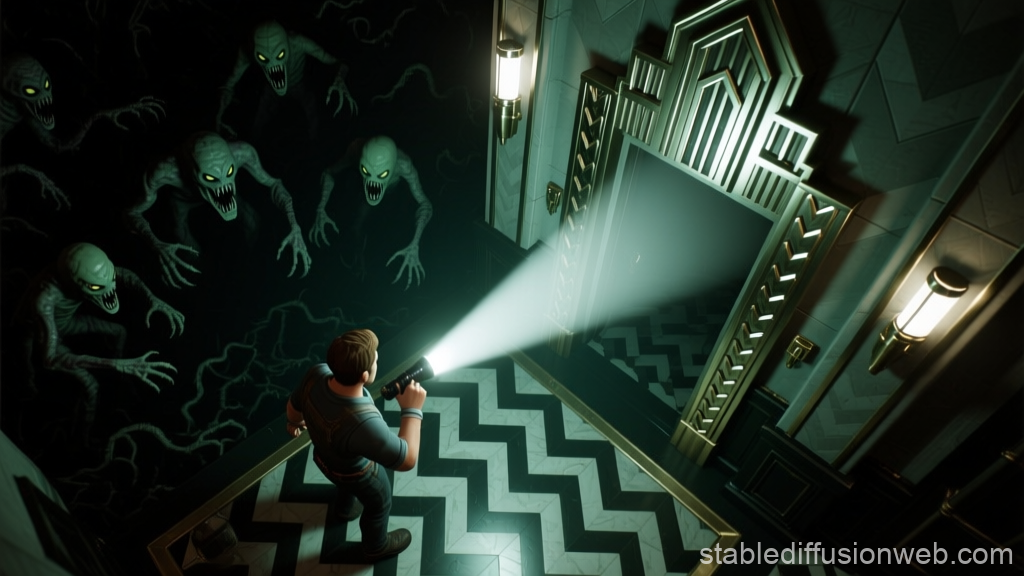 Top-Down Horror Game Scene with Creepy Monsters and Flashlight