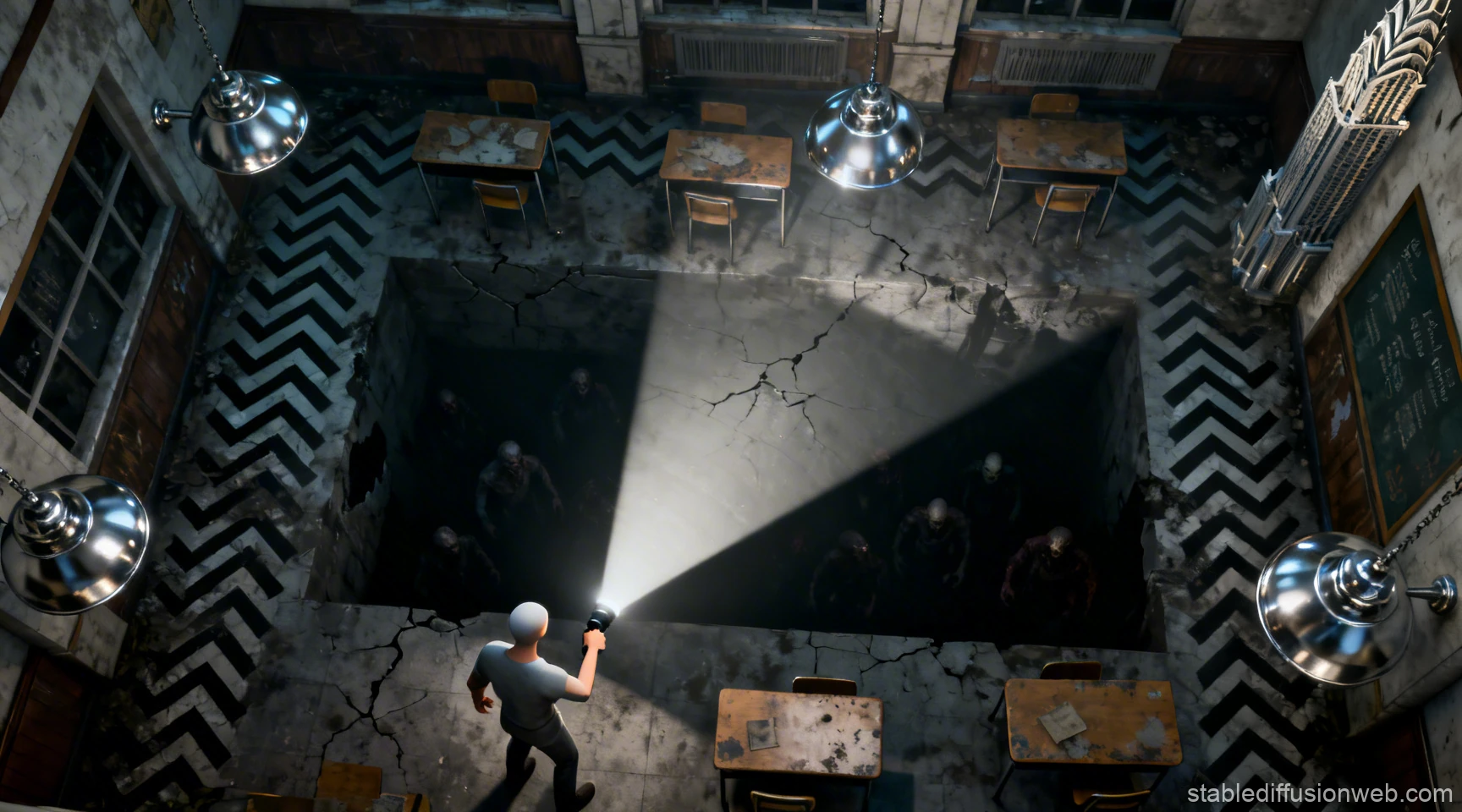 Top-Down Horror Scene in Abandoned Classroom