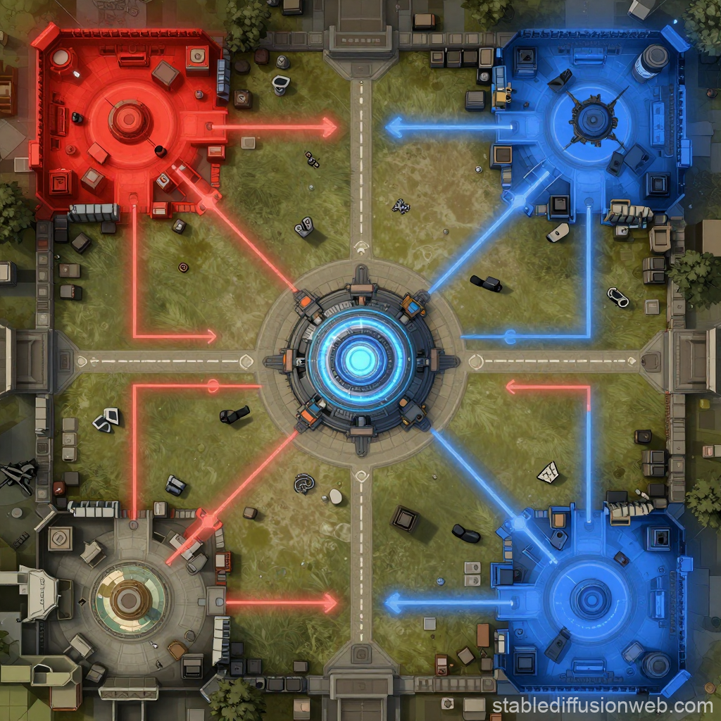 Top-Down Sci-Fi Tactical FPS Map with Red and Blue Bases