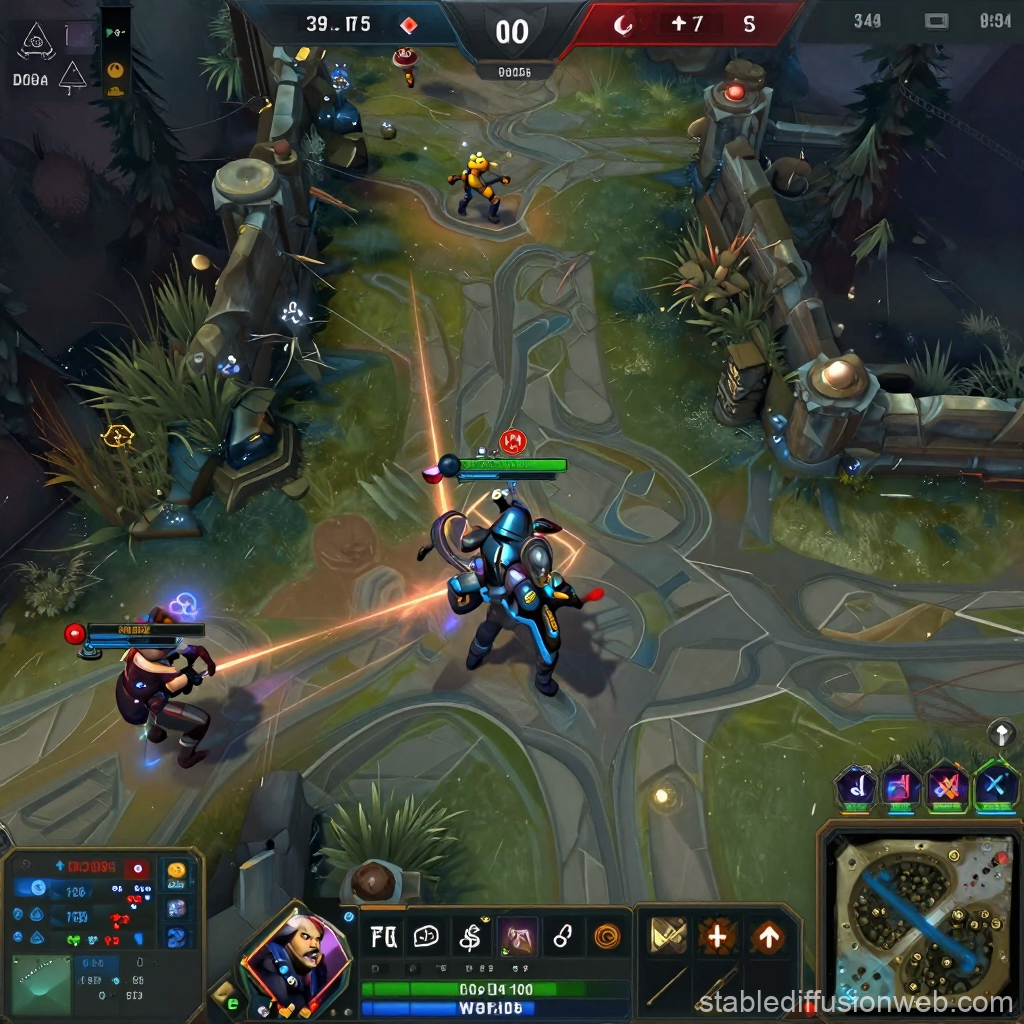 Top-Down View of a MOBA Game Battle Scene