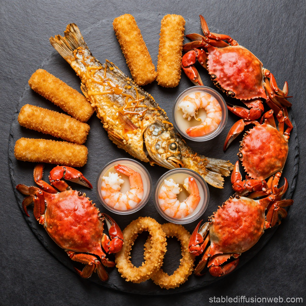 Top-Down View of a Seafood Platter with Crab, Fish, and Shrimp