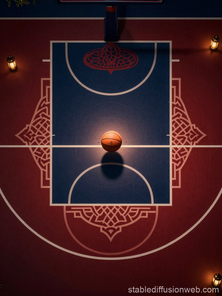 Top-Down View of Basketball Court with Islamic Geometric Patterns