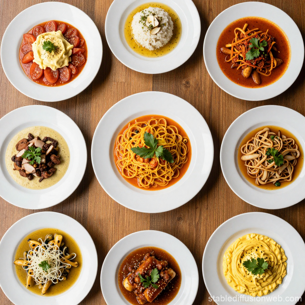 Top-Down View of Italian Dishes on White Plates