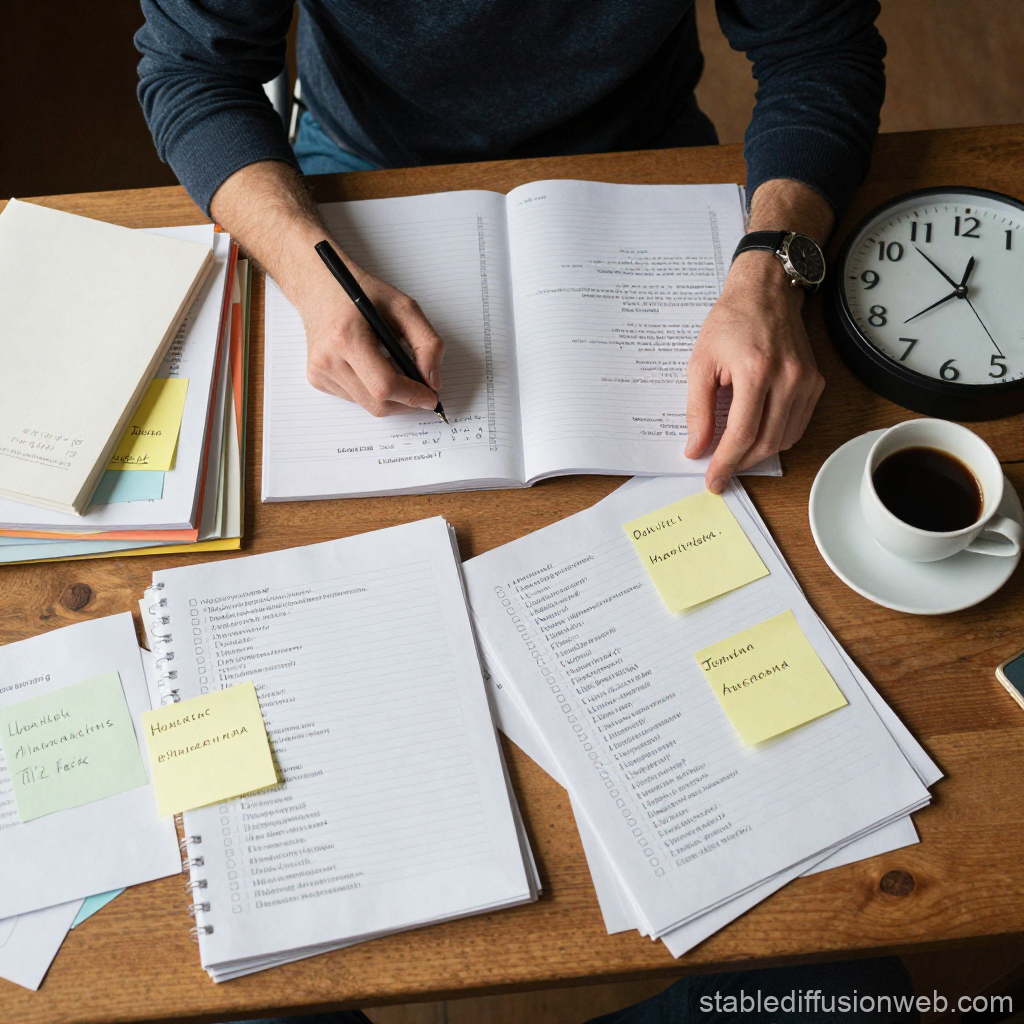 Top-Down View of Person Writing with Study Materials and Coffee