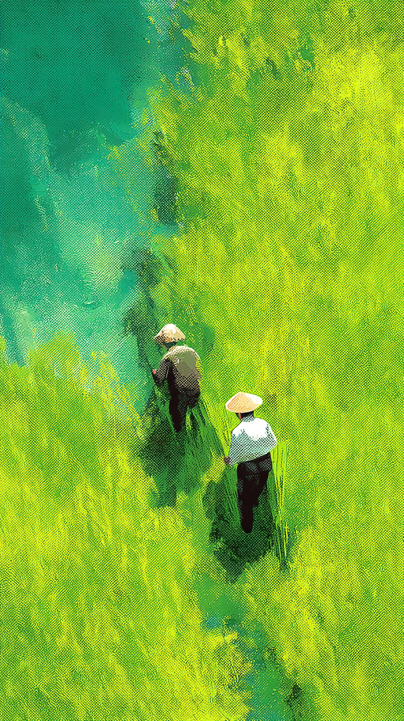 Top View of Farmers Working in Lush Green Fields