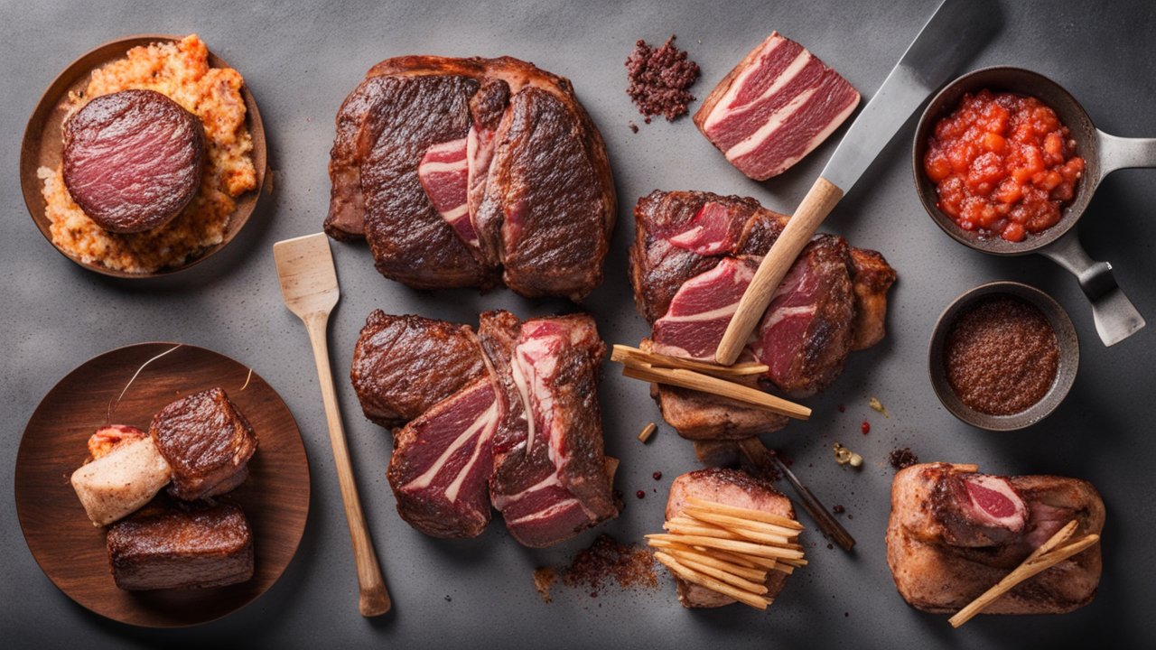 Top View of Various Cooked and Raw Meat Cuts with Sauces