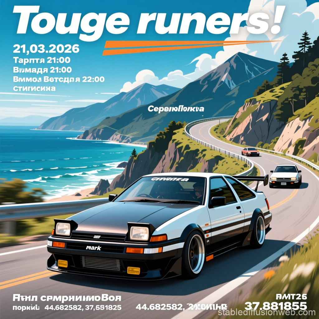 Touge Runners Event Poster Featuring Classic Cars on Coastal Mountain Road