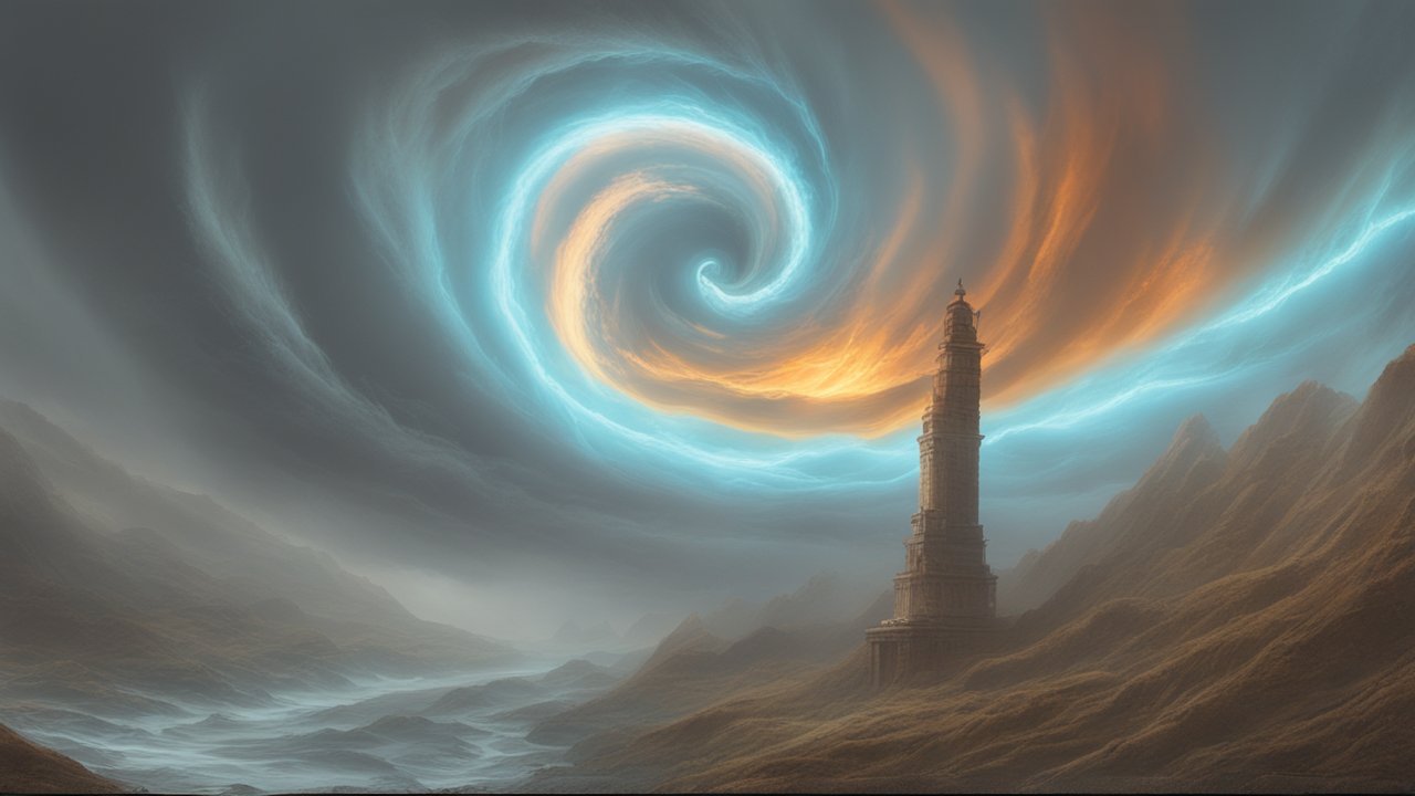 Tower Under a Swirling Stormy Sky
