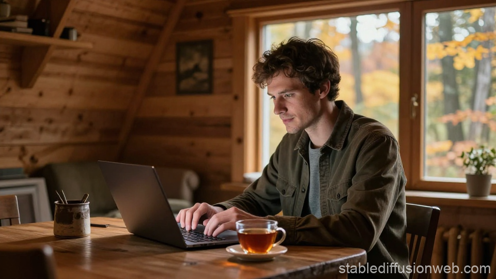Trader Working on Laptop in Cozy Wooden Cabin