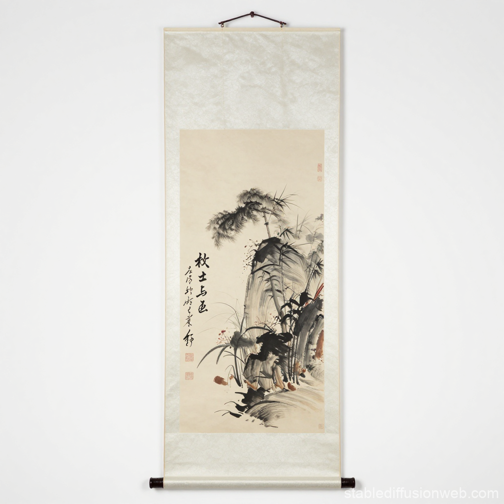 Traditional Asian Ink Painting Scroll with Bamboo and Rocks
