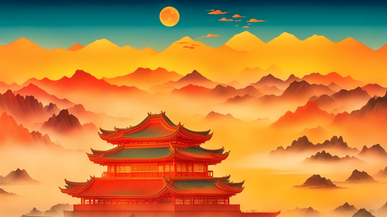 Traditional Asian Temple Amidst Misty Mountains at Sunset