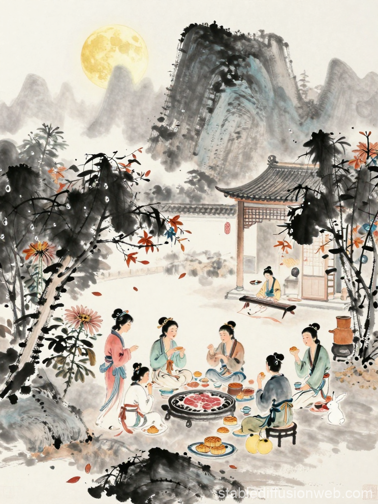 Traditional Chinese Gathering Under the Full Moon
