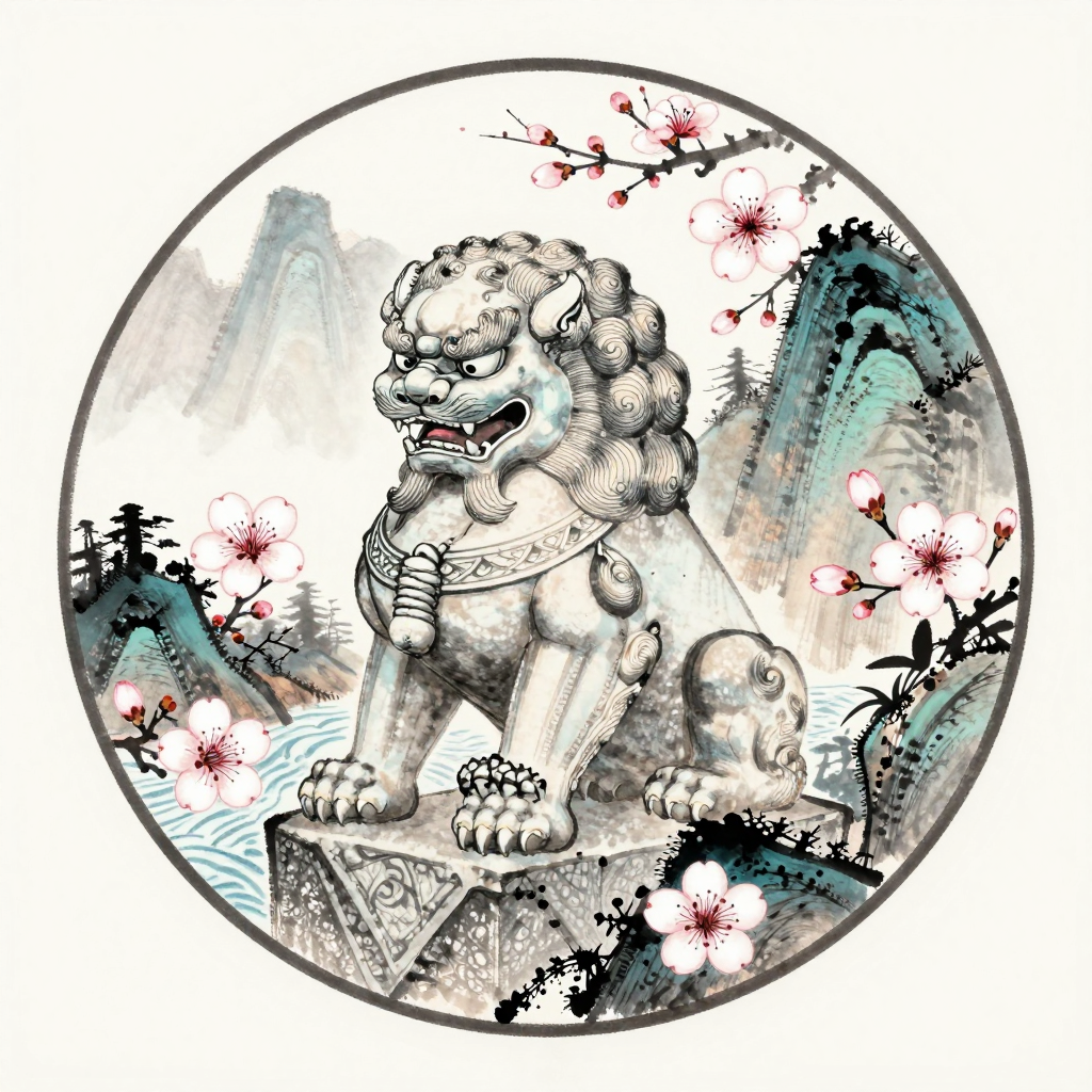 Traditional Chinese Guardian Lion with Cherry Blossoms