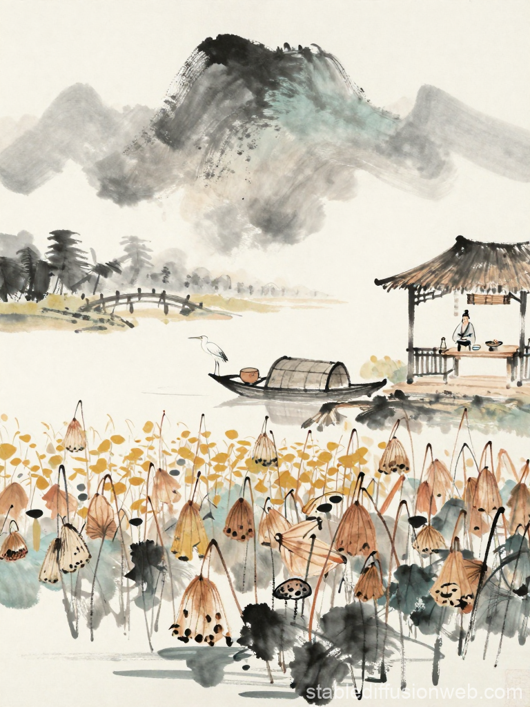 Traditional Chinese Ink Painting of Lotus Pond and Riverside Pavilion
