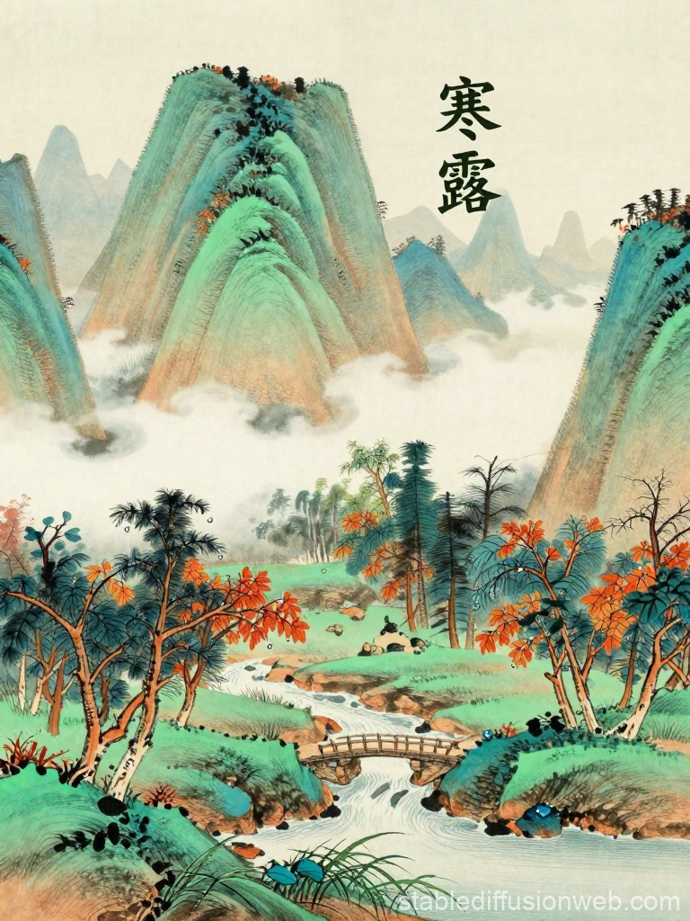 Traditional Chinese Landscape Painting with Autumn Foliage