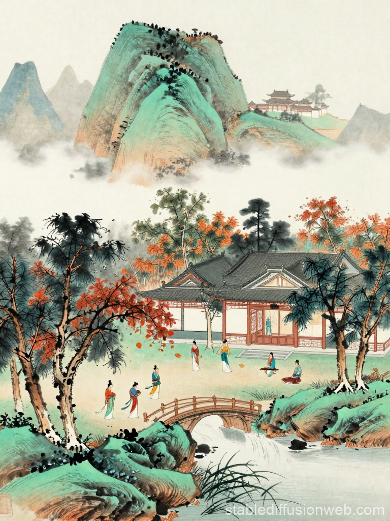 Traditional Chinese Landscape with Pavilion and Figures