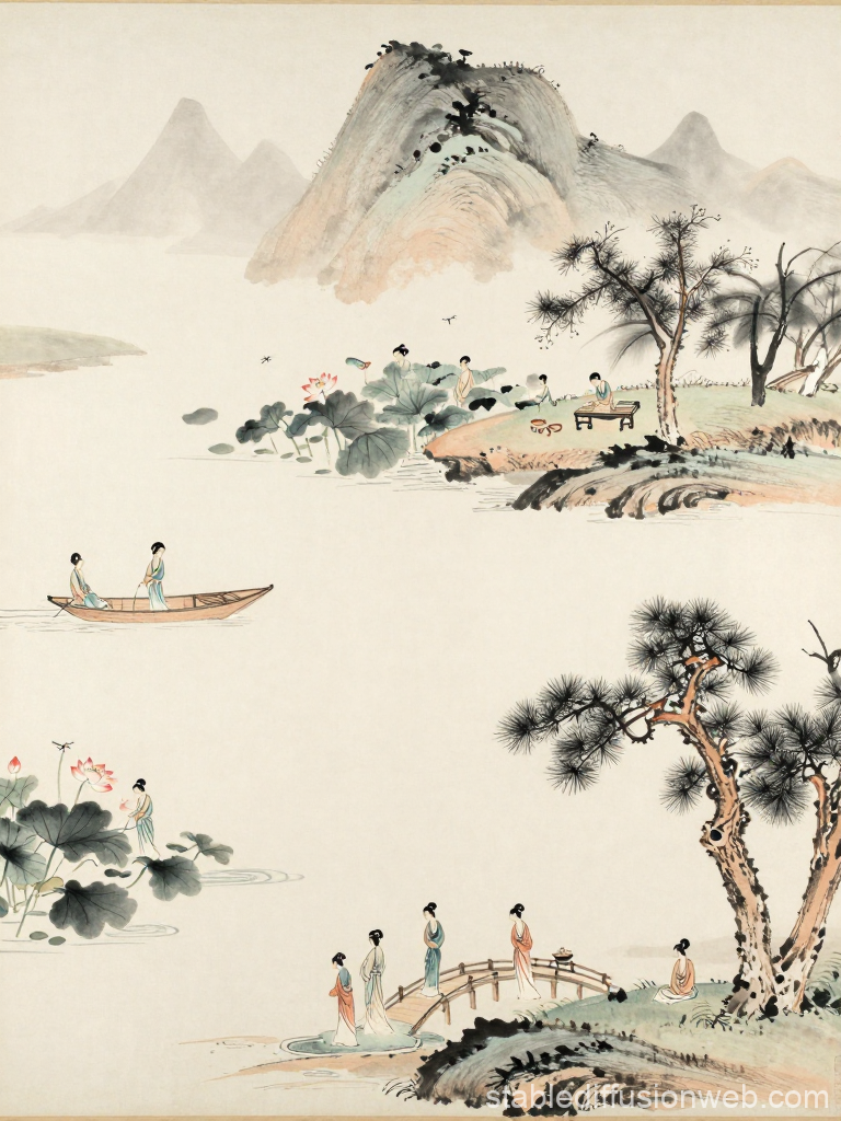 Traditional Chinese Landscape with Women by the Water