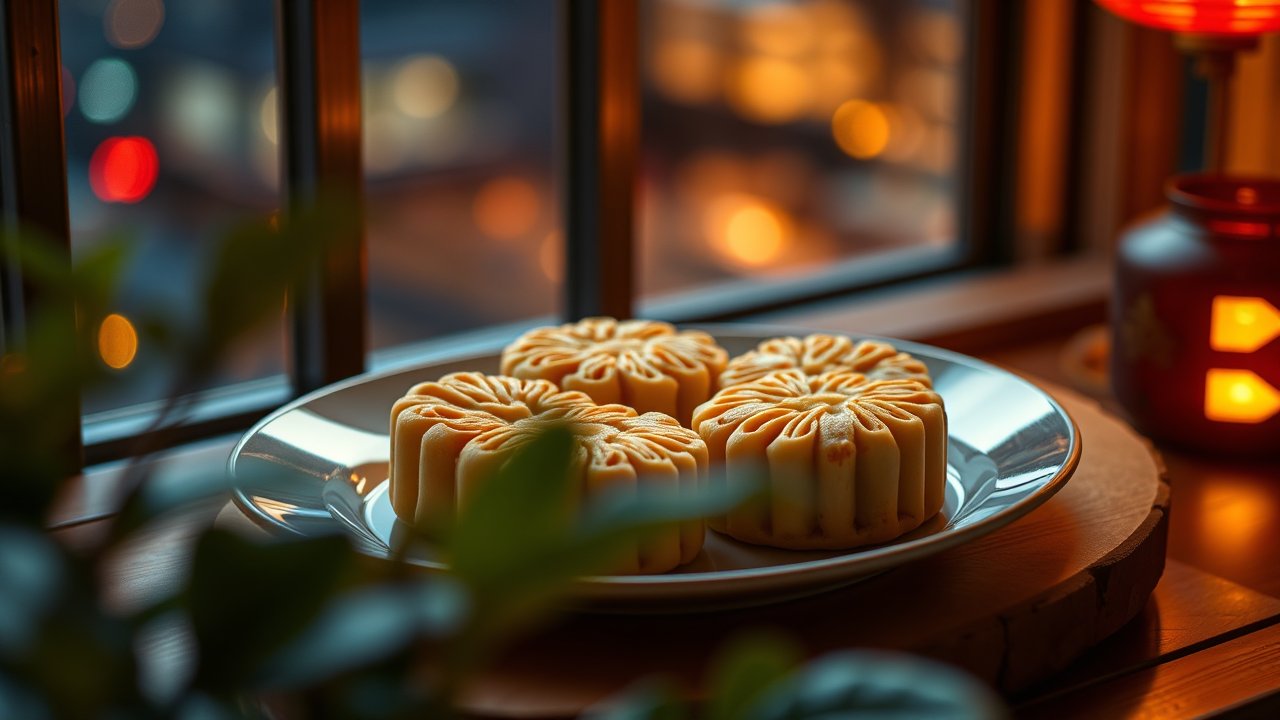 Traditional Chinese Mooncakes on a Plate by the Window