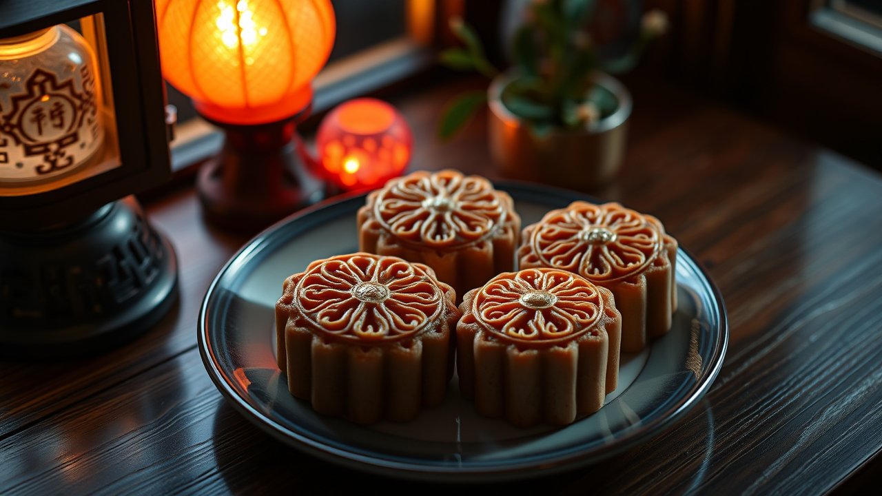 Traditional Chinese Mooncakes on a Plate with Warm Lantern Light