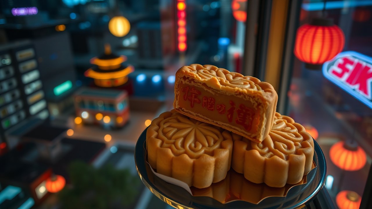 Traditional Chinese Mooncakes with City Nightscape Background