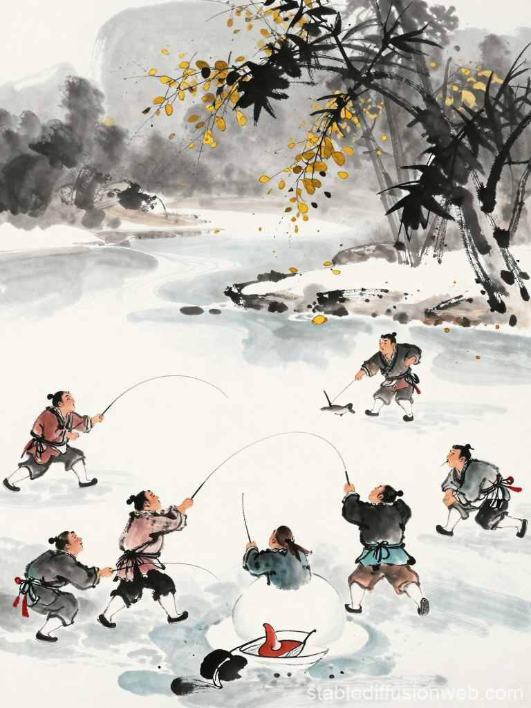 Traditional Chinese Painting of Children Ice Fishing