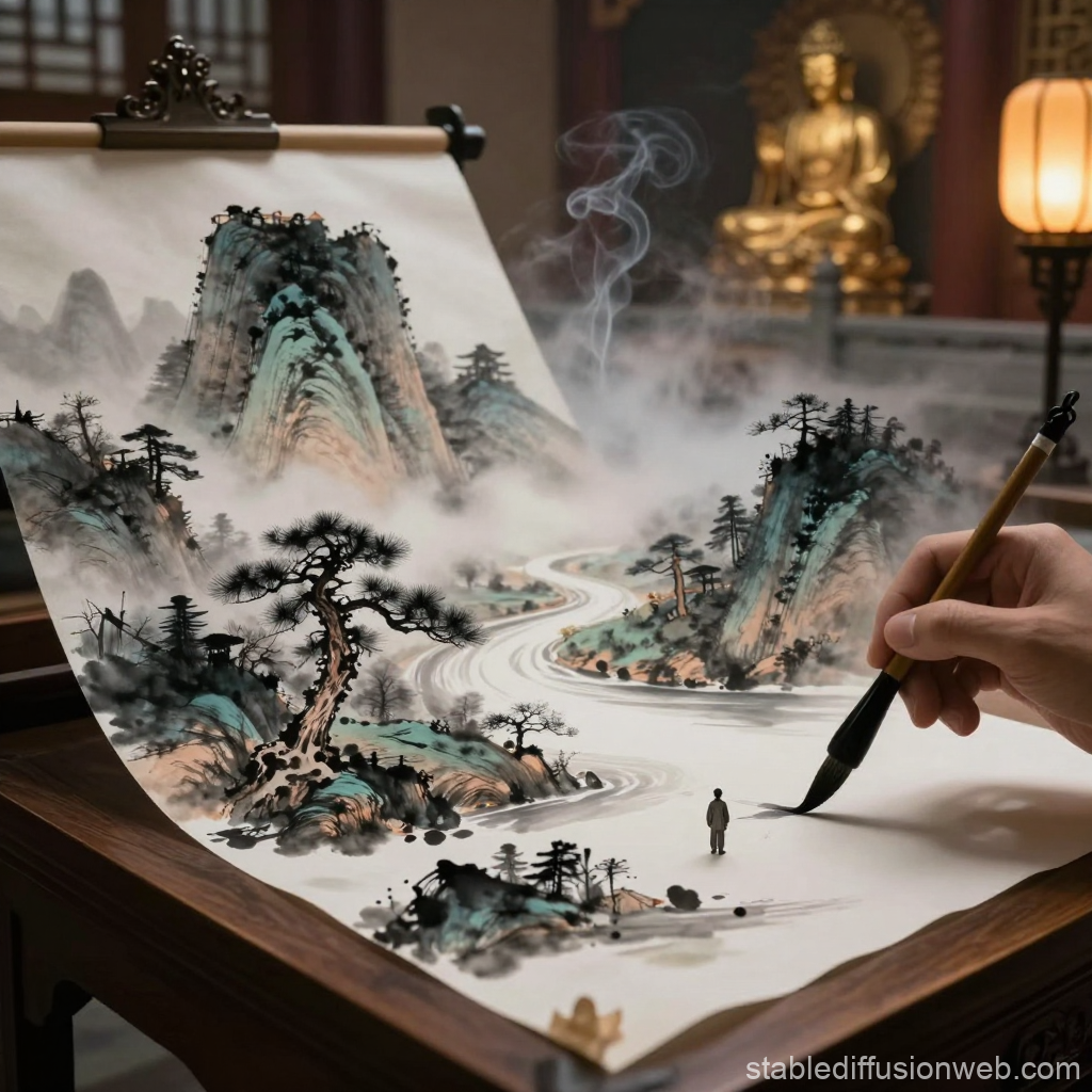 Traditional Ink Landscape Painting with Buddhist Temple Ambiance