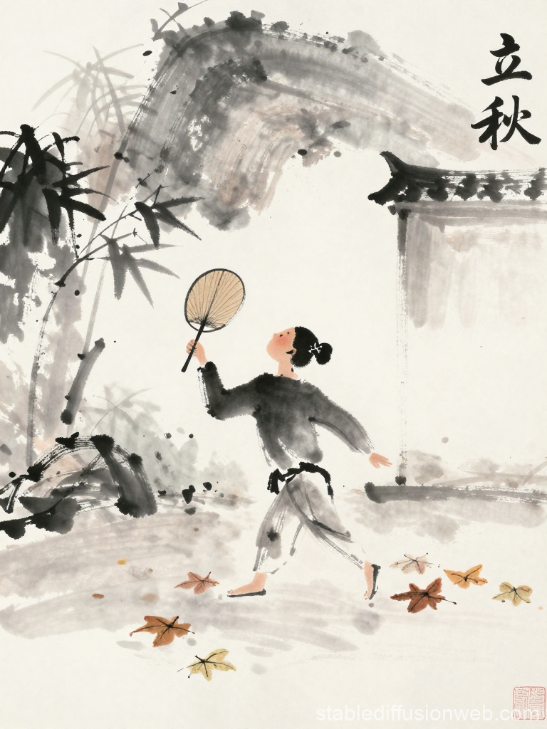 Traditional Ink Painting of a Girl with Fan in Autumn