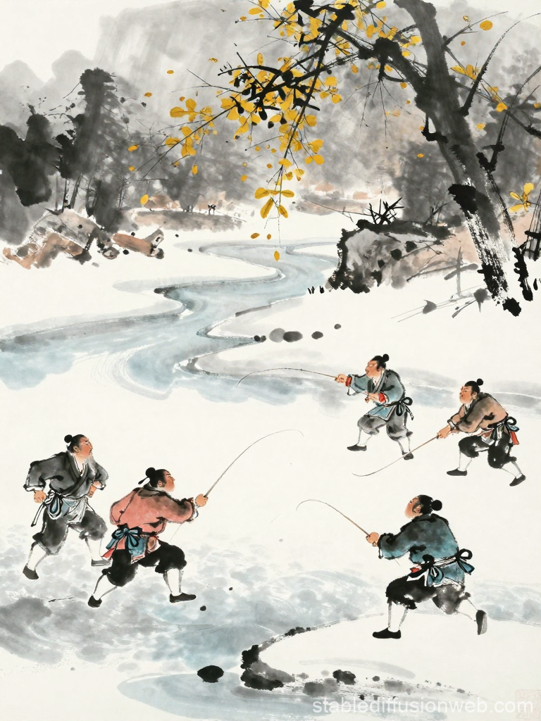 Traditional Ink Painting of Fishermen by a Winter River