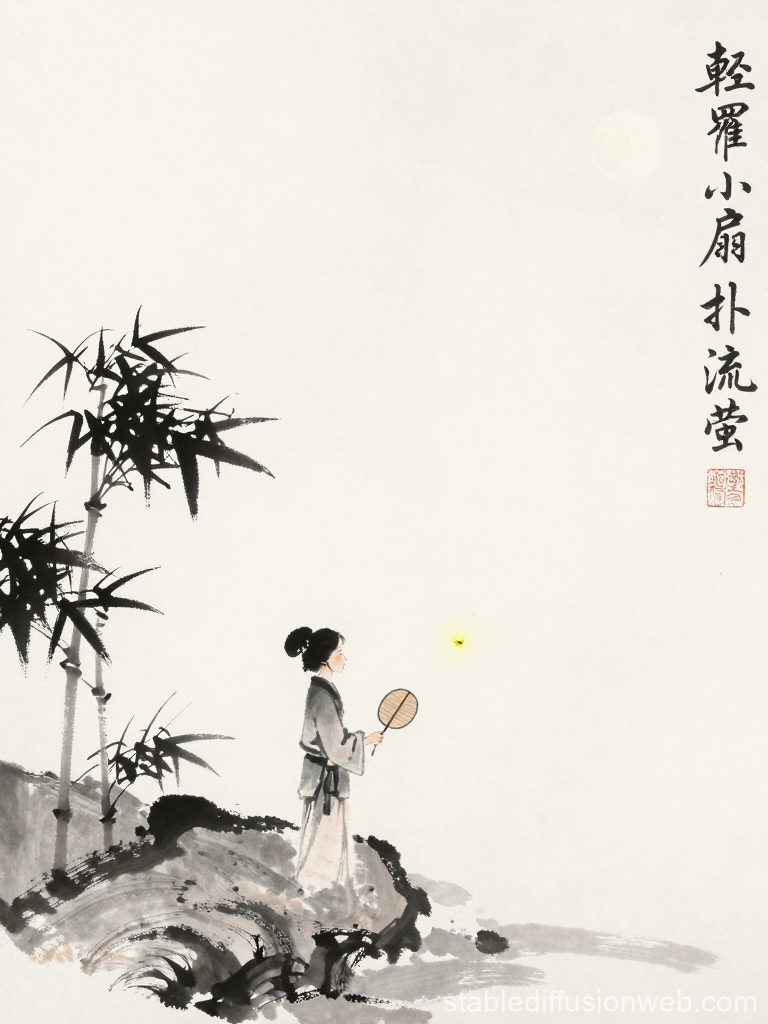 Traditional Ink Painting of Lady with Firefly and Bamboo