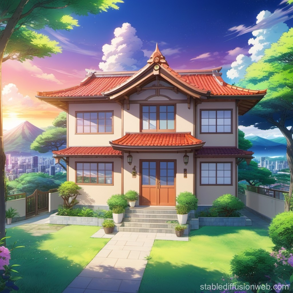 Traditional Japanese House at Sunset with Cityscape View