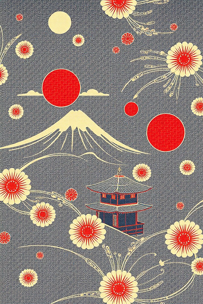 Traditional Japanese Pattern with Mount Fuji and Pagoda