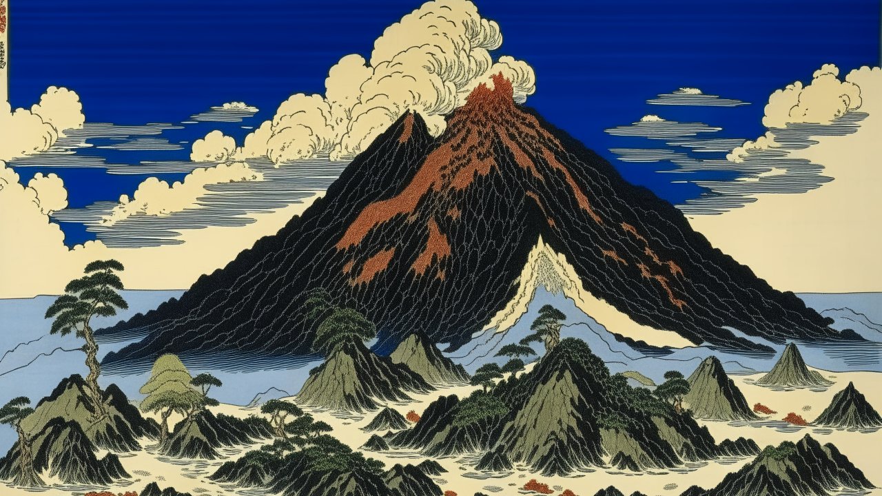 Traditional Japanese Style Volcano Eruption