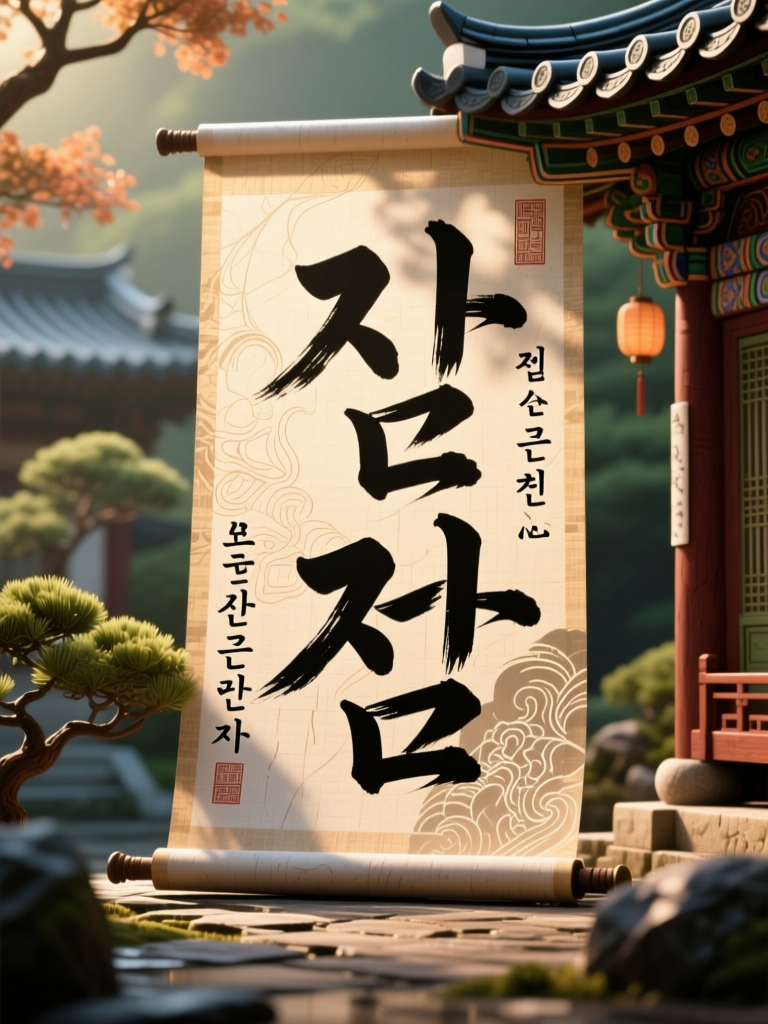 Traditional Korean Calligraphy Scroll in Serene Garden