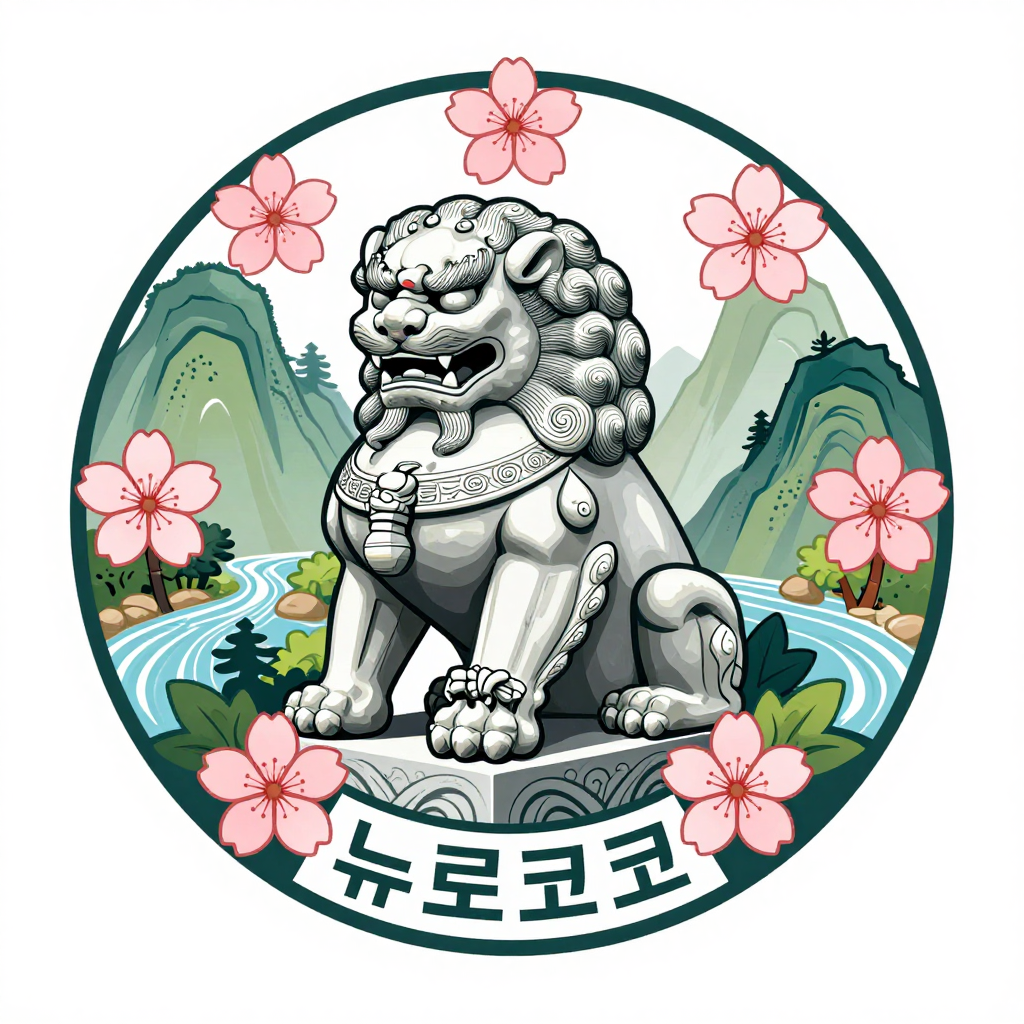 Traditional Korean Guardian Lion with Cherry Blossoms