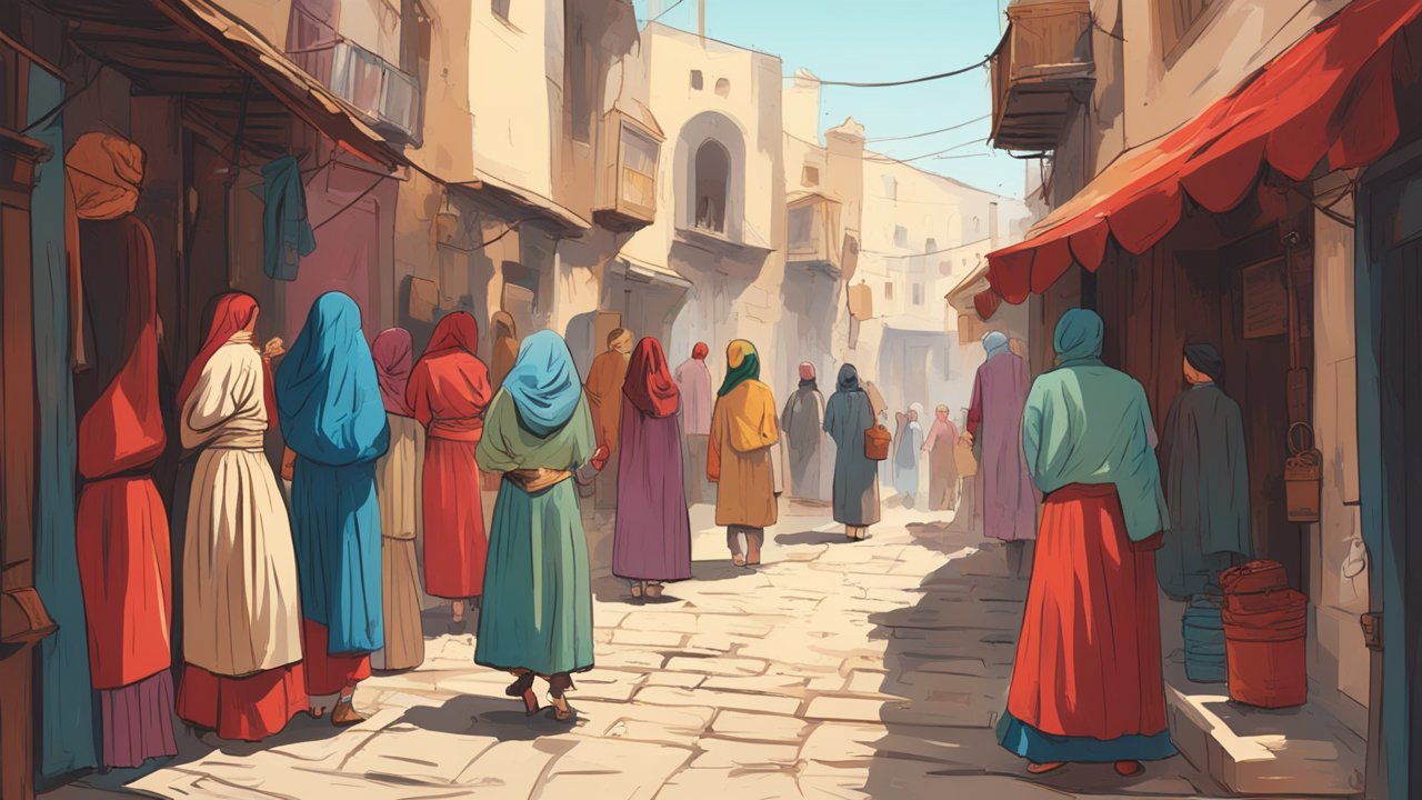 Traditional Kurdish Alley Scene with Women in Colorful Attire