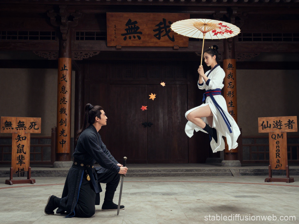 Traditional Martial Arts Scene with Floating Woman and Sword