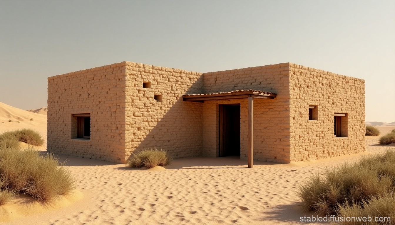 Traditional Mud Brick House in Desert Landscape
