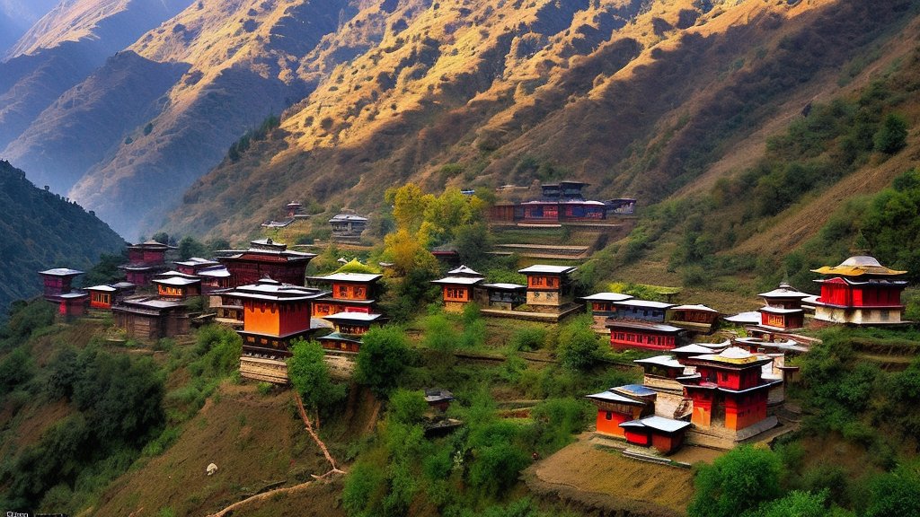 Traditional Oriental Village Nestled in Mountain Valley