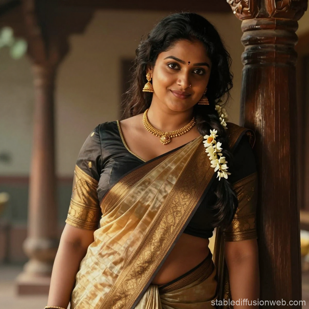 Traditional Tamil Woman in Elegant Saree with Floral Hair Decoration