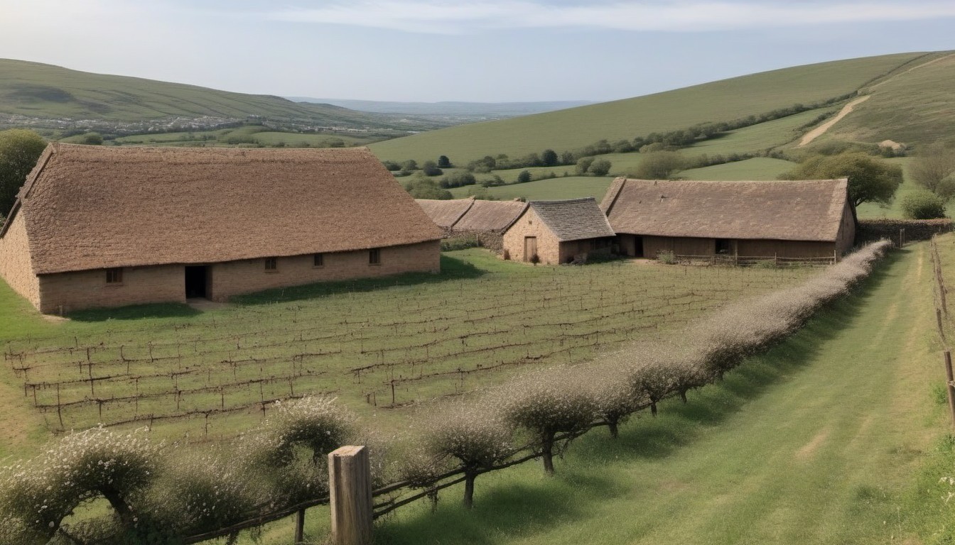 Traditional Thatched Farmhouses in a Rolling Green Landscape
