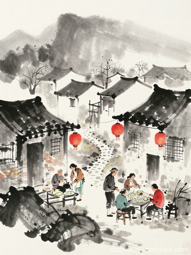 Traditional Village Scene with Lanterns and Dinner Gathering
