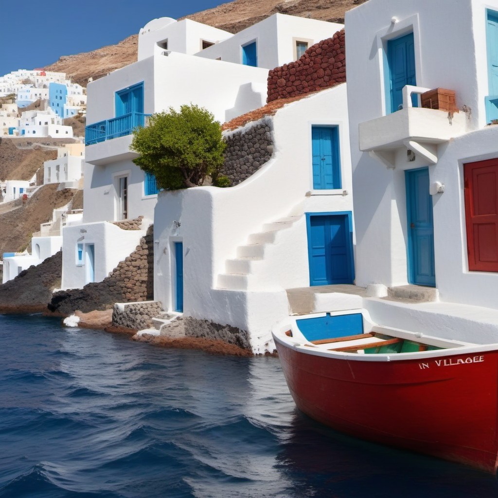 Traditional White and Blue Houses by the Sea with Red Boat