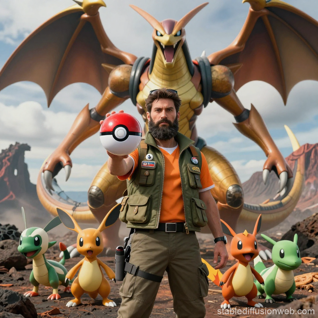 Trainer with Pokémon and Mega Charizard in Volcanic Landscape