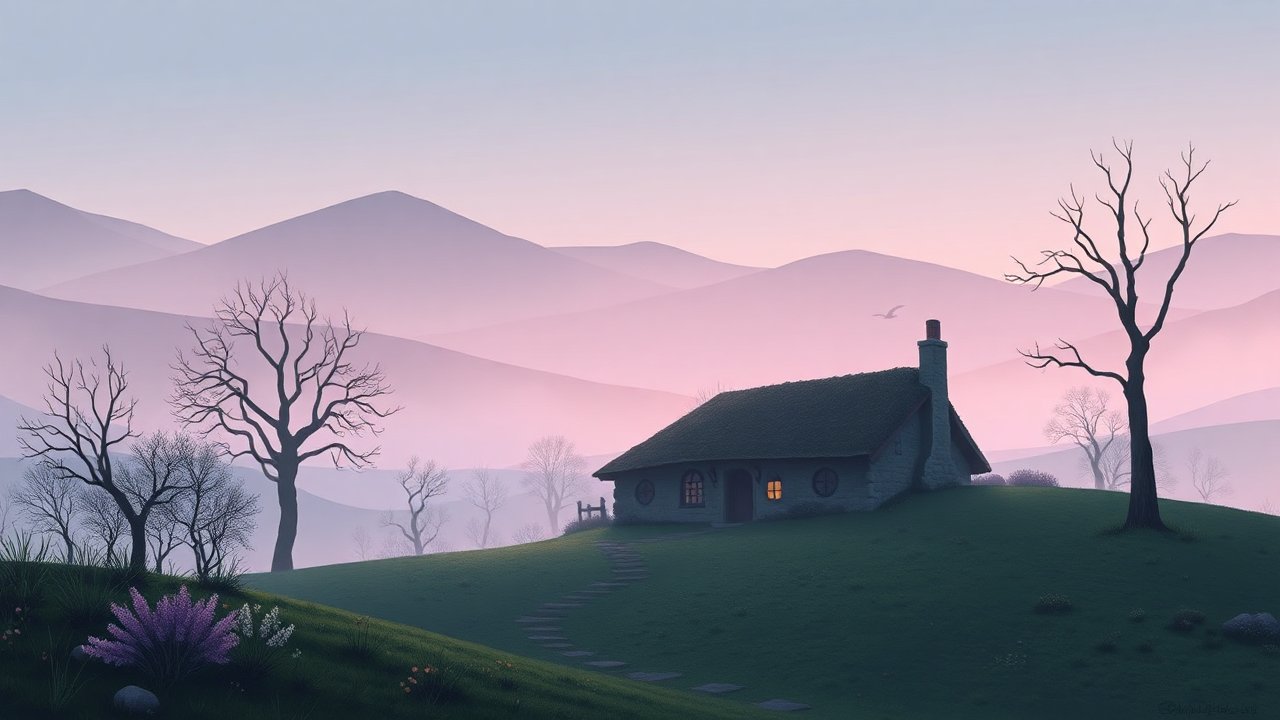 Tranquil Cottage at Dusk in Misty Hills