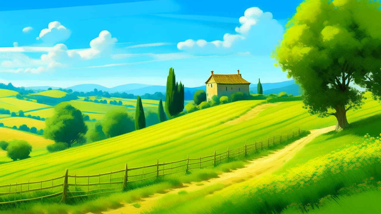 Tranquil Countryside Landscape with Rolling Hills and Cottage